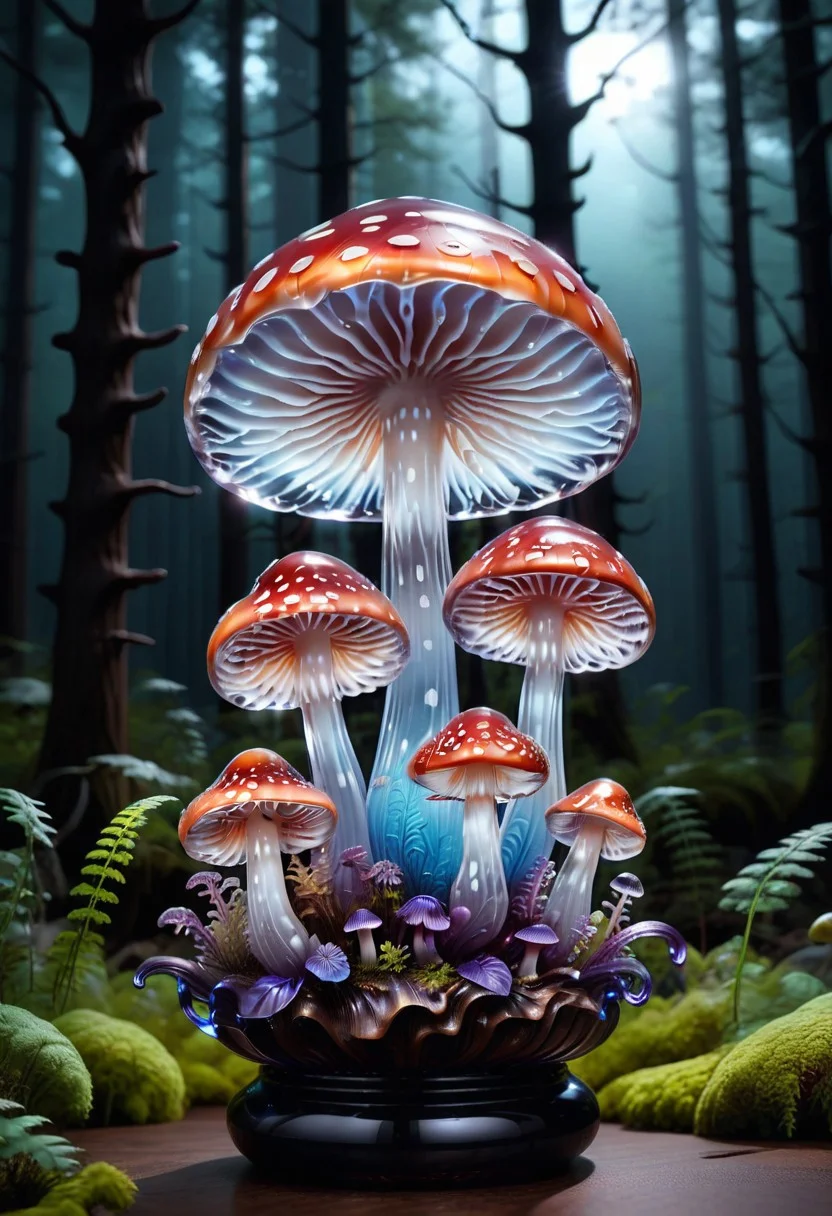 lazympos, murano_glass_style, glowing mushroom made of glass, forest, depth of field