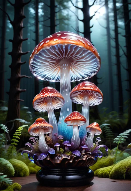 lazympos, murano_glass_style, glowing mushroom made of glass, forest, depth of field