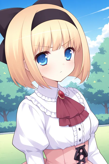 masterpiece, best quality, absurdres, official art, official style, rating general BREAK,
<lora:iriswindsor_IL_v1-2:0.7>, iris windsor, 1girl, solo, blue eyes, eyelashes, blonde hair, short hair, blunt bangs, bob cut, small breasts, petite, flat chest, hair bow, black hairband, black bow, casual, frilled dress, white collar, frilled collar, white shirt, dress shirt, center frills, red ascot, buttons, juliet sleeves, pink corset, cross-laced corset, portrait, close-up, outdoors,
blush, angry, closed mouth, looking at viewer, serious, v-shaped eyebrows
