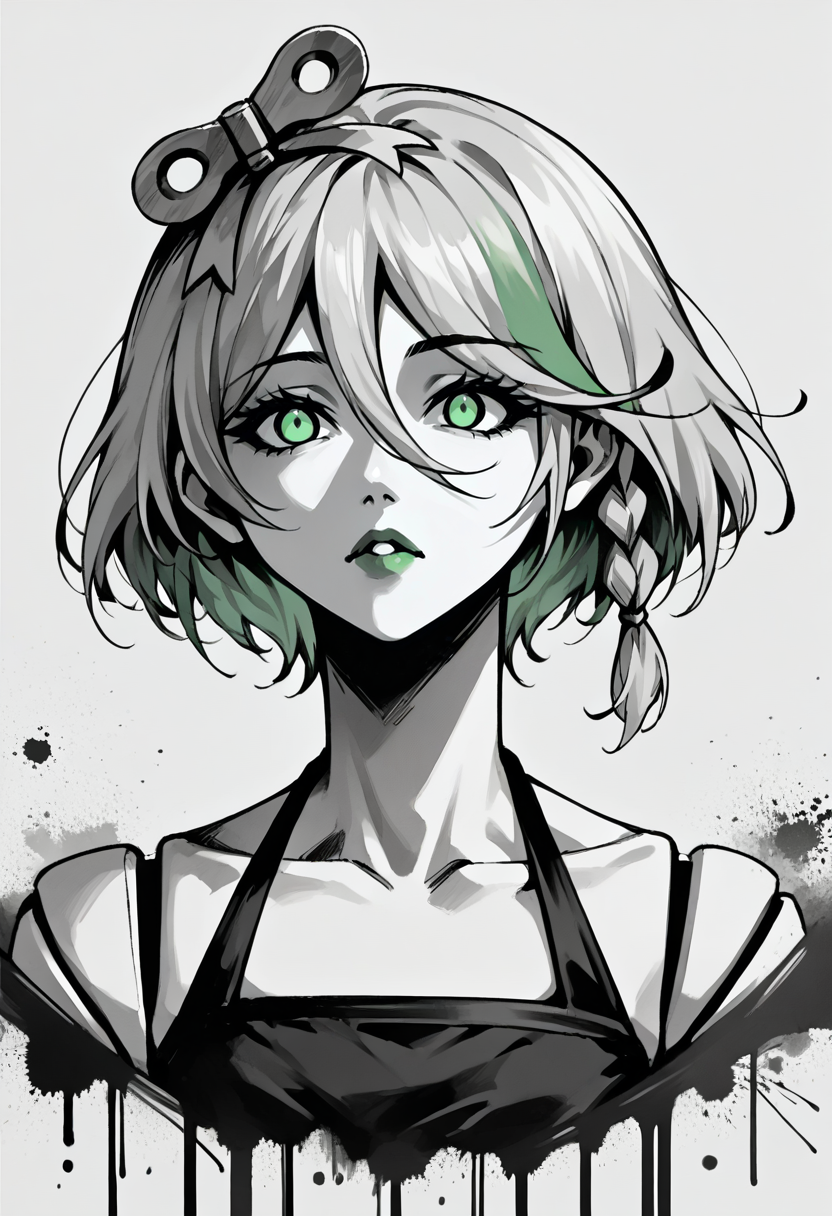 score_9, score_8_up, score_7_up, source_anime, 
<lora:monochromemuse:1>, monochromemuse, monochrome, greyscale, ink splatter, 
<lora:ChamCeciliaImmergreenPonyXL:1>, CeciliaImmergreen, hair ornament, doll joints, short hair, braid, portrait, halter top, green_eyes, green_lipstick,