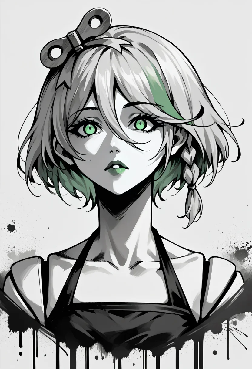 score_9, score_8_up, score_7_up, source_anime,
<lora:monochromemuse:1>, monochromemuse, monochrome, greyscale, ink splatter,
<lora:ChamCeciliaImmergreenPonyXL:1>, CeciliaImmergreen, hair ornament, doll joints, short hair, braid, portrait, halter top, green_eyes, green_lipstick,