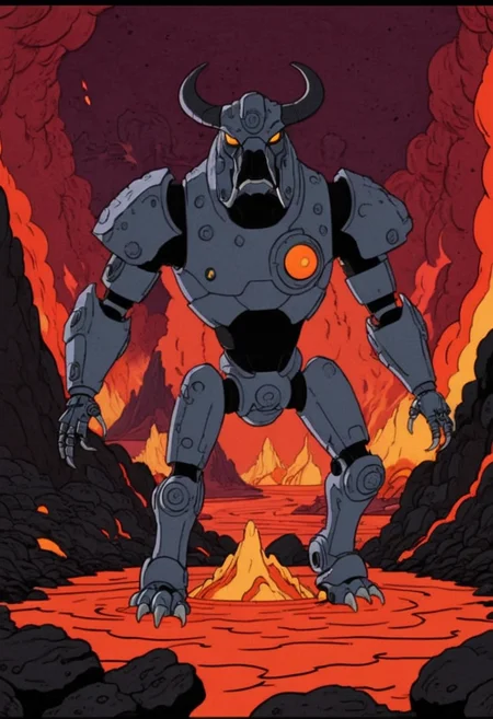 <lora:HeavyMetalStyle-000009:1>,Flat 2D Art,simple flat color,2-dimensional,heavymetalstyle,Flat 2D Art Style,(levitating, A volcanic planet with constant eruptions and rivers of lava, providing abundant geothermal energy for its inhabitants., Asteroid Base, Robot factory, wraith, minotaur, hippogriff:1.1),