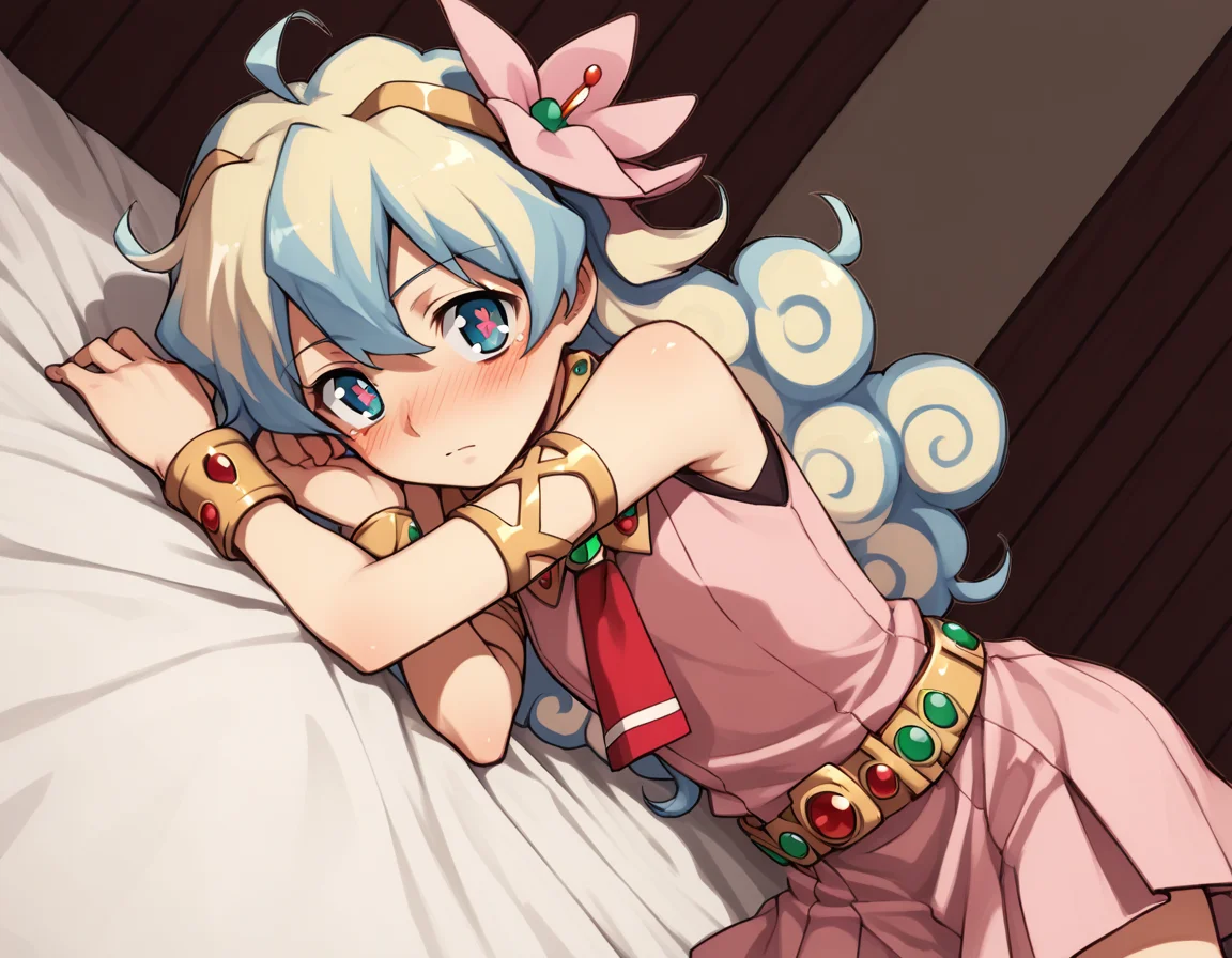 score_9, score_8_up, score_7_up, source_anime,
niateppelin, <lora:nia-teppelin-ponyxl-lora-nochekaiser:1>,
nia teppelin, cross-shaped pupils, hair flower, hair ornament, long hair, multicolored hair, simple background, symbol-shaped pupils, two-tone hair, ahoge, curly hair,
armlet, bracelet, dress, pink skirt, skirt, sleeveless,
indoors, bed, bed room, on side, blush, drunk,
looking at viewer, solo, cowboy shot, dutch angle,