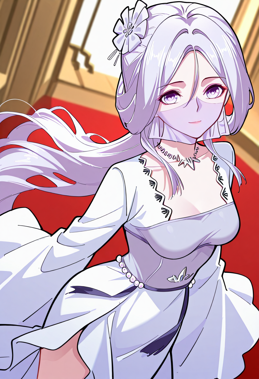 <lora:Chu_Qingcheng_IL:1>,Chu_Qingcheng_IL,1girl,long purple hair,wavy hair,Soft wavy strands,hair ornament,parted bangs,purple eyes,hair between eyes,necklace,medium breasts,face veil,soft light purple veil,elegant outfit,white dress,layered dress,pearl accents,high slit dress,wide sleeves,flowy fabric,ornamental belt,waist gems,floral chest design,
score_9,score_8_up,score_7_up,very aesthetic,source_anime,detailed,high quality,beautiful,masterpiece,detailed eyes,blurry  dynamic angle,upper body,cowboy shot,light smile,floating,