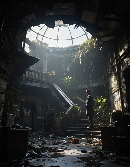 <lora:SWL_Stations1v2flux:1> loststin, indoors, dark, door, station, messy, wet, lost, sunlight, mist, stairs, skylight, office, sun shades, under a broken dome, 1940's dressed man with a hat, cyberpunk, photo, shattered, cracked walls, collapsed, vegetation,
