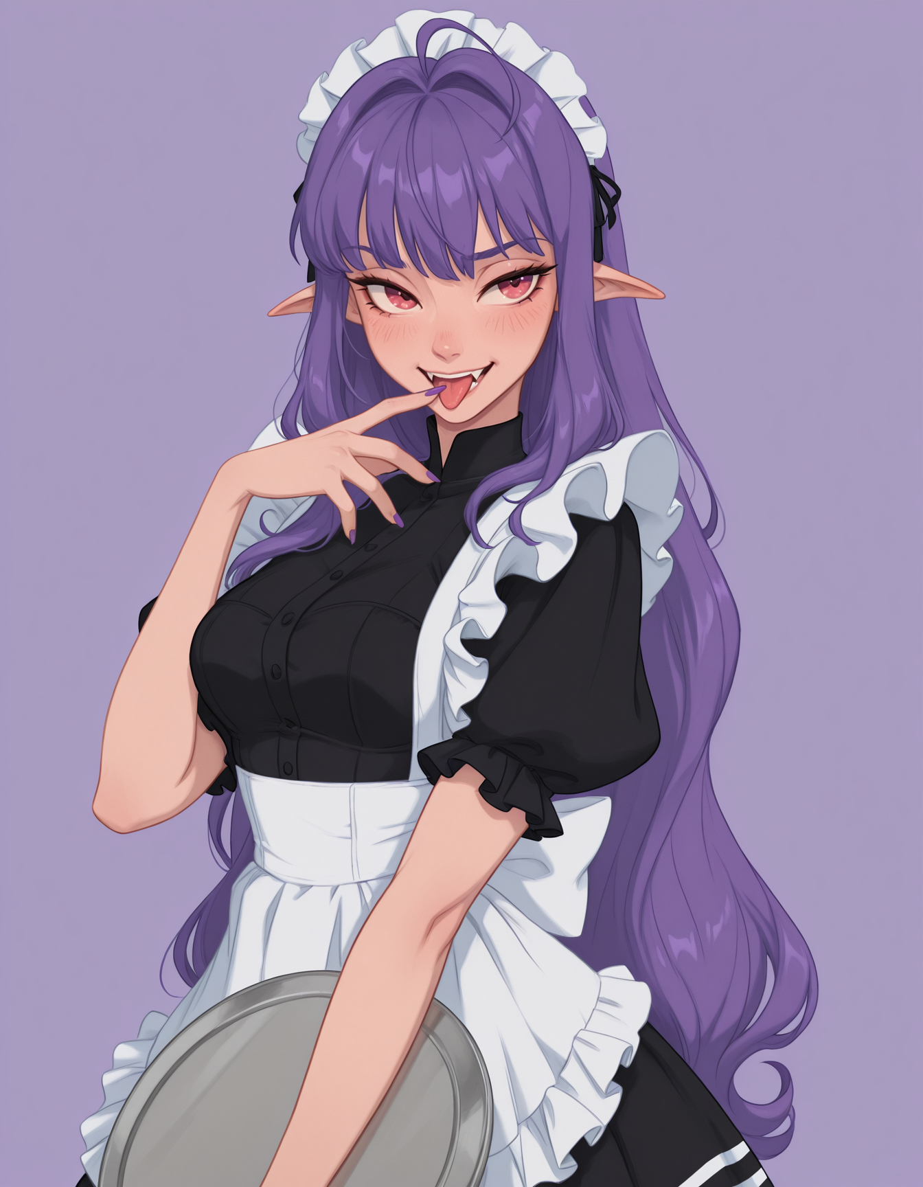 Disney_Il5.0, 1girl, solo, long hair, blush, red eyes, dress, very long hair, ahoge, purple hair, short sleeves, frills, tongue, pointy ears, puffy sleeves, tongue out, pink eyes, nail polish, black dress, apron, fingernails, maid, maid headdress, fangs, white apron, maid apron, licking, frilled apron, tray, purple background, purple nails, holding tray, licking finger, masterpiece, best quality, ultra-detailed, highest quality, official art, latest, very awa, very aesthetic, detailed shading, (detailed background, complex background), amazing quality, intricate, hyper-detailed, excellent, absurdres, latest,