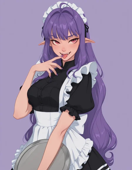 Disney_Il5.0, 1girl, solo, long hair, blush, red eyes, dress, very long hair, ahoge, purple hair, short sleeves, frills, tongue, pointy ears, puffy sleeves, tongue out, pink eyes, nail polish, black dress, apron, fingernails, maid, maid headdress, fangs, white apron, maid apron, licking, frilled apron, tray, purple background, purple nails, holding tray, licking finger, masterpiece, best quality, ultra-detailed, highest quality, official art, latest, very awa, very aesthetic, detailed shading, (detailed background, complex background), amazing quality, intricate, hyper-detailed, excellent, absurdres, latest,