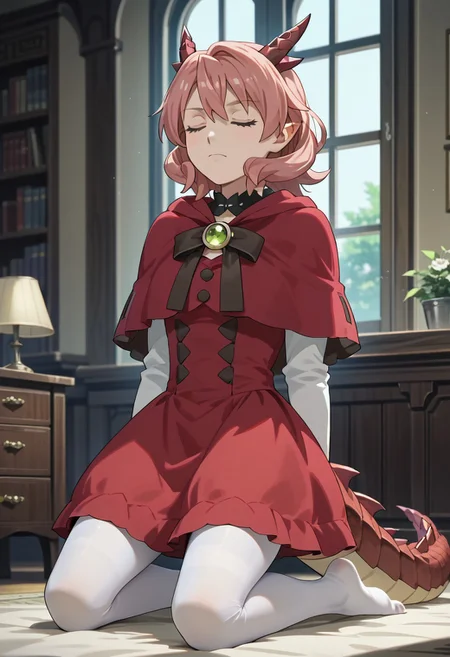 score_9,score_8_up,score_7_up,source_anime,FAFNIR_GUILDMELAG_LINDA_BLAIR_HANAKO,1girl,solo,dress,closed eyes,pantyhose,window,kneeling,capelet,red dress,white pantyhose,dragon horns,dragon tail,