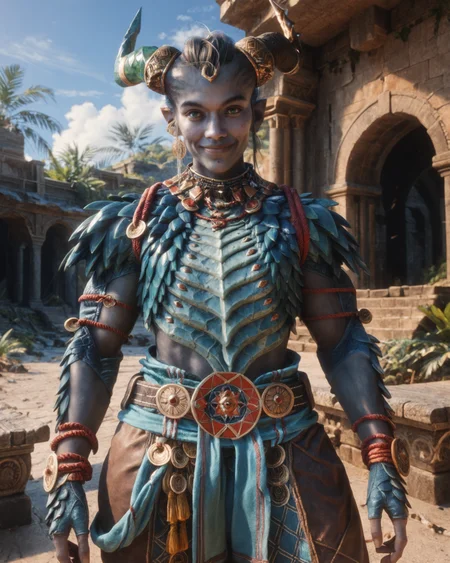 score_9, score_8_up, score_7_up, intricate details, rating_questionable, high resolution, detailed face,
<lora:Taash:0.8>,
1girl(Taa5h, dragon_brea5tplate, teal eyes, blue-grey skin, broad shoulders, muscular, solo, dark brown pants,
cowboy shot,
8k,
looking at viewer, slight smile),
partial side view, sunshine, summer, tropical ocean coast, ruins, palms, fertile, detailed background, depth of field,
<lora:ral-chrosc-clr:0.5>, ral-chrosc-clr,
<lora:Expressive_H:0.5>, Expressiveh,
<lora:xl_more_art-full_v1:0.3>,
<lora:add-detail-xl:0.3>