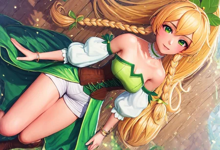 <lora:PixelSketcher:1>, pixelsketcher, - (masterpiece, best quality), 1girl, collarbone, {{Blonde}},{{Blonde hair colour}}, {{long hair}}, {{short twin braids}},{{ponytail hair}},{{green eyes},leafa,1girl
hair ornament, white shirt, green dress, green puffy sleeves, white detached sleeves, brown corset, white shorts, green waist cape, white kneehighs, brown knee boots, white choker, bracelet
