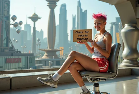A skinny girl with pink pixie hair is sitting on a chair. She is dressed in sports shorts, knee socks, sneakers, and a sports top. Smiling. He holds in his hands a sign on which it is written at the top: "Coins for sports training." Below, on the same sign, it says "Alice Selezneva". Against the backdrop of a futuristic utopian city in the style of Soviet steampunk. <lora:neeeg_f1:-1> (NoraL, Soviet_Era_AHS)