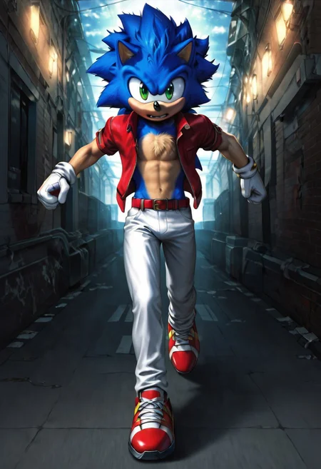 zPDXL3,RE_Engine,score_9_up,score_8_up,score_7_up,detailed,(best quality:1.2),digital media \(artwork\), BREAK, solo,best quality, 1boy, solo male, SonicXL, Sonic (sonic the hedgehog series), furry, lime green eyes, peach chest:1.5, peach arms:1.5, white open shirt, red vest, white gloves, red belt, white pants, red running shoes, running, blue aura, spiked hair, hedgehog, street alley, night, dynamic lighting, full body