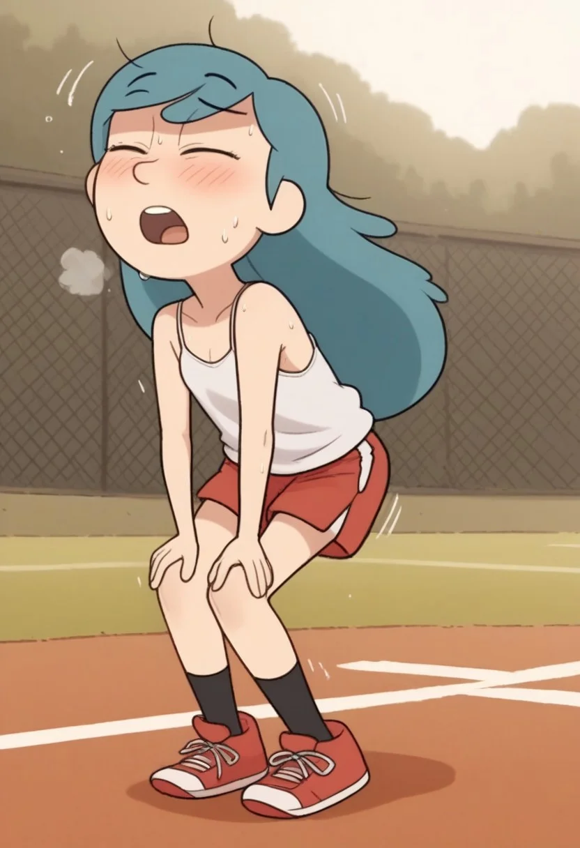 score_8, score_8_up, score_7_up, score_6_up, source_cartoon, BREAK, 1girl, solo, hilda, long hair, blue hair, black eyes,, petite,,blush,loose clothes , , messy hair, ,open mouth, closed eyes, heavy sweating, heavy breathing, motion lines, solo, female focus, white camisole, red tennis shorts, sneakers, socks, athletics field, leaning forward, hands on knees, outdoors, full body, flat chest, prefect anatomy,