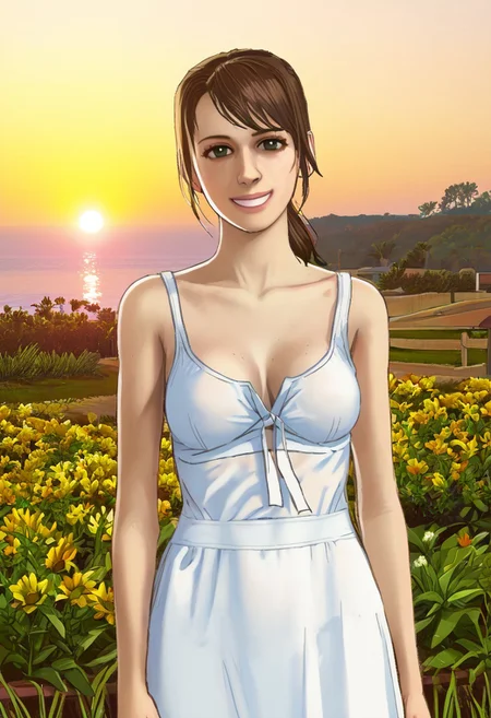 Highest quality, masterpiece, average looks,non_anime eyes, Outside, in a sun-drenched garden,quiet_mgsv, ((sundress)), smiling, looking at viewer.