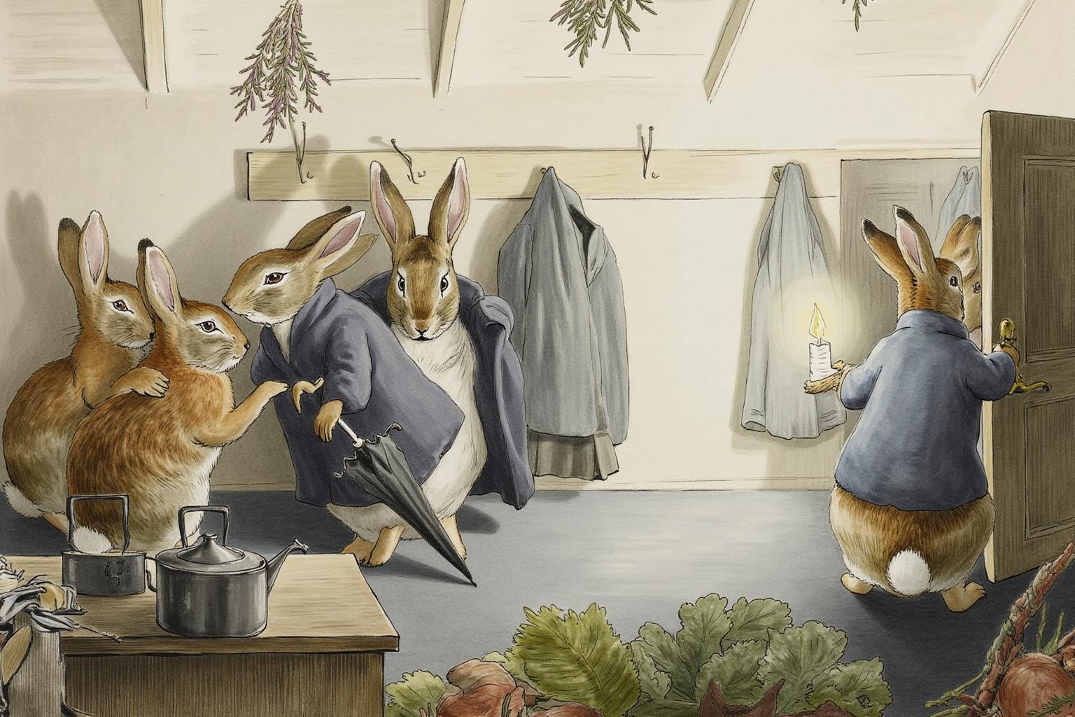 beatrixpotter1 illustration.
A group of anthropomorphic rabbits in a rustic, well-lit cottage kitchen are leaving after a party. On the left are a pair of rabbits, shown in side profile. One has its paw on the back of the other rabbit. Another rabbit is shaking hands with a rabbit on its right, wearing a dark blue coat and carrying an umbrella. Behind them is a rabbit putting on its coat. On the right is a rabbit, its back to the viewer, holding a lit candle and holding a door open, while another rabbit in a blue jacket leaves. The kitchen is warm and homey, with hanging herbs, hooks with coats, a wooden counter with iron kettles, and leafy vegetables on the floor in the foreground. <lora:beatrixpotter1_d8a4:1.0><lora:867021634886759490:0>