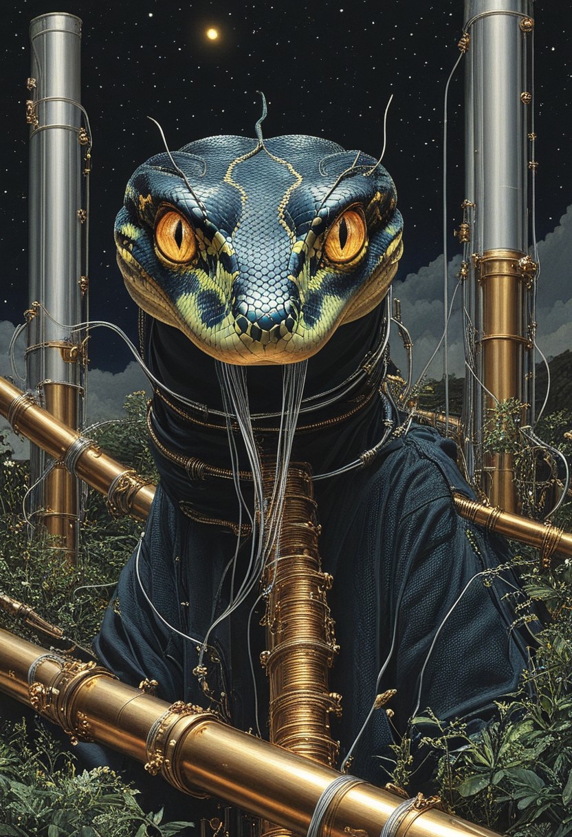 masterpiece, best quality, very aesthetic, absurdres, HyperDetailed Illustration, qu4ntum, epic background, nightsky landscapes with vibrant (brass pipes) and (silver wires) and gold circuits, a snake covered in gold circuits, glowing eyes, vivid eye color, (beautiful eyes:1.2), (gradient iris, crisp iris edges), confident pose, snake pose, eating a chunk of silver wires,
