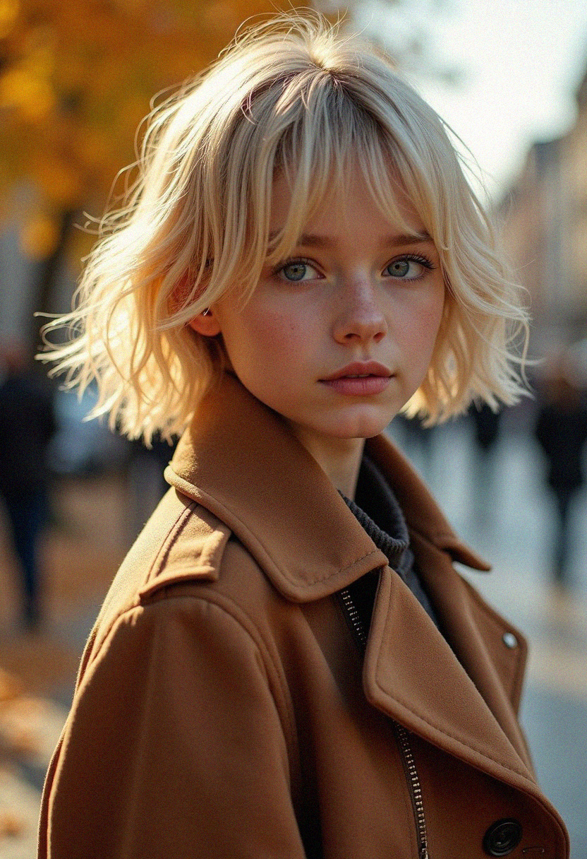 realism, super realistic photo, fashion magazine photo, stylish autumn outfit, cute girl with blonde hair, short hair, blue eyes, coat, autumn clothes, autumn, autumn city, highly detailed portrait, high quality, 34K uhd, masterpiece, high detail, 8k, intricate, detailed, high resolution, high res, high quality, photorealism, highly detailed, Extremely high-resolution details, fine texture
