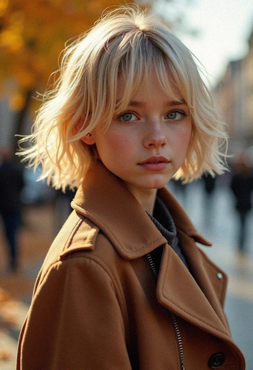 realism, super realistic photo, fashion magazine photo, stylish autumn outfit, cute girl with blonde hair, short hair, blue eyes, coat, autumn clothes, autumn, autumn city, highly detailed portrait, high quality, 34K uhd, masterpiece, high detail, 8k, intricate, detailed, high resolution, high res, high quality, photorealism, highly detailed, Extremely high-resolution details, fine texture