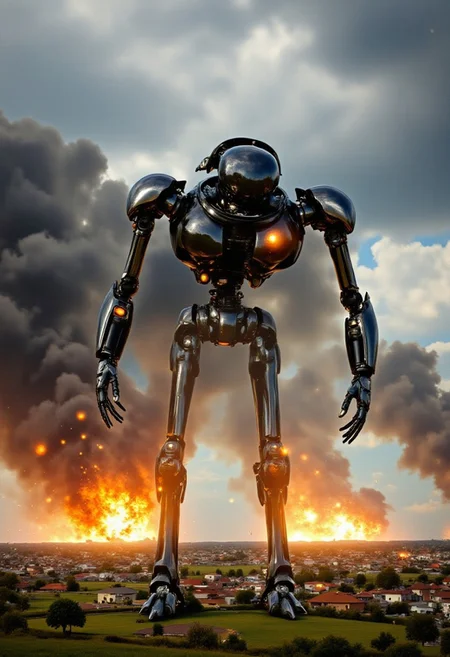 m3m3photoshoptcontest. a digitally manipulatd photograph, ultra-glossy fashion portrait with pristine chrome reflections and technological precision of an army of futuristic robotic war-ants towering over a small village. Destruction and explosions surround the scene, and lasers and glowing smoke are all around. Magical wonder and thrilling horror combine in this epic action shot and tragedy combined.