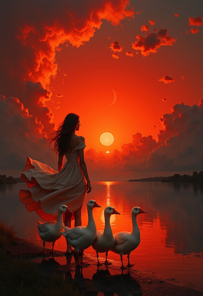A captivating, dramatic scene in a painting that exudes mystery and foreboding. A fiery red sky, swirling clouds, and a crescent moon illuminate a solitary woman standing near the water's edge. Her long dress flows in the wind, silhouetted against the eerie glow. The water mirrors the fiery sky and moonlight, amplifying the uneasy atmosphere. The composition emphasizes the woman's isolation and vulnerability, with her outstretched arms reflecting longing or despair. This vibrant, cinematic work of conceptual art creates a haunting impression., conceptual art, painting, vibrant, cinematic.
 a group of white geese walking in a single file along