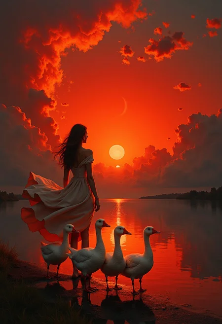 A captivating, dramatic scene in a painting that exudes mystery and foreboding. A fiery red sky, swirling clouds, and a crescent moon illuminate a solitary woman standing near the water's edge. Her long dress flows in the wind, silhouetted against the eerie glow. The water mirrors the fiery sky and moonlight, amplifying the uneasy atmosphere. The composition emphasizes the woman's isolation and vulnerability, with her outstretched arms reflecting longing or despair. This vibrant, cinematic work of conceptual art creates a haunting impression., conceptual art, painting, vibrant, cinematic.
a group of white geese walking in a single file along