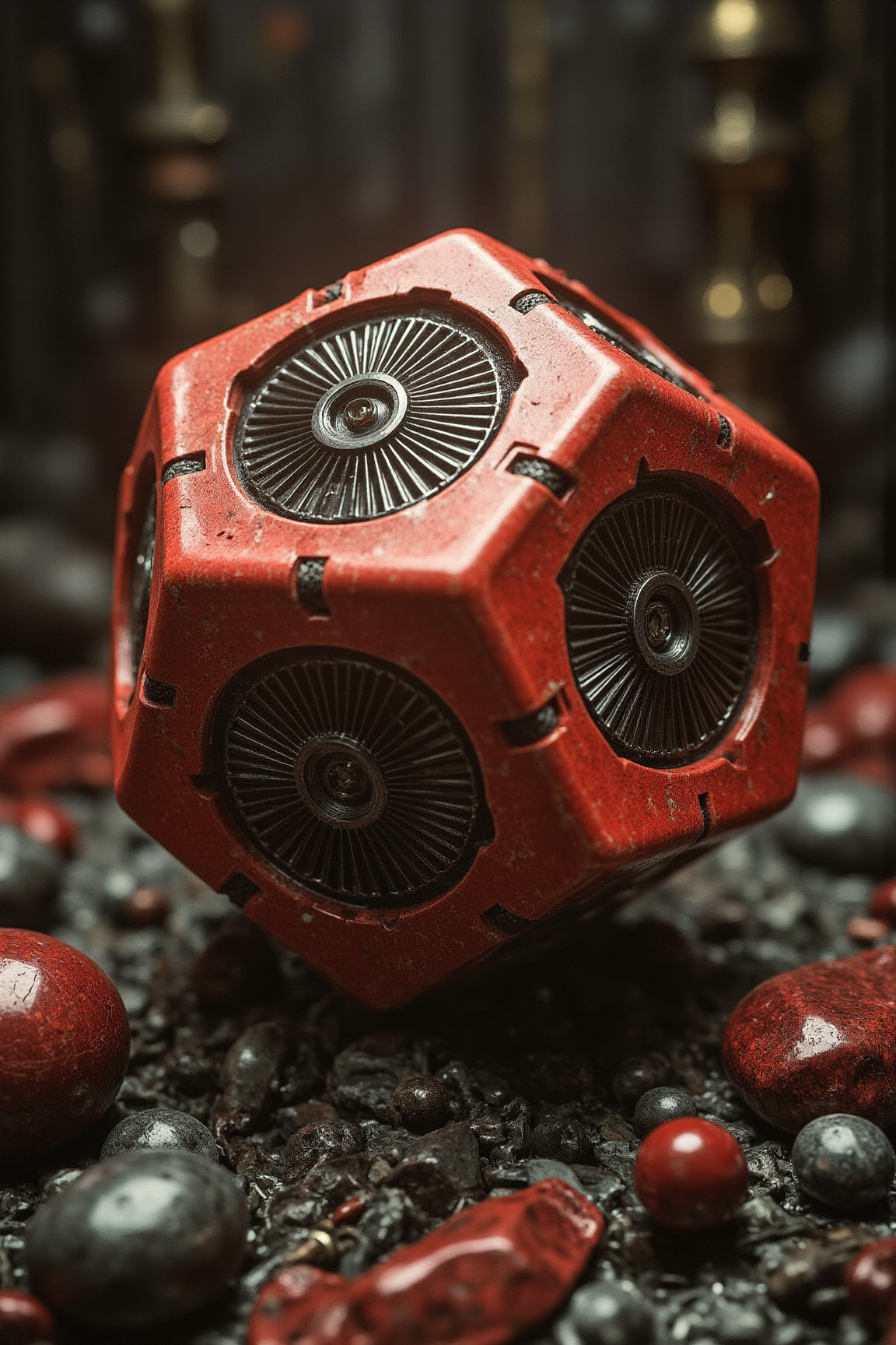 YFG-V1nt, form and mechanical detail, evoking a sense of futuristic technology and precision engineering, A digital illustration of a red, futuristic polyhedral dice with black fan-like engravings on each face, against a dark background, highlighting its smooth texture, sharp edges, and intricate design, with intricate textures and vibrant colors. The scene should include a rich variety of elements, each contributing to the overall atmosphere. Lighting should be soft, diffused, and natural, enhancing the depth and realism of the scene. The mood is to be calm yet vibrant, creating a sense of serenity and wonder. Every detail in the scene should be meticulously rendered, emphasizing the contrast between light and shadow, and capturing the fine textures and subtle gradients. The color palette should be carefully chosen to evoke emotion, with each hue enhancing the aesthetic appeal of the overall composition. The final image should be immersive and captivating, drawing the viewer into its intricately detailed world.