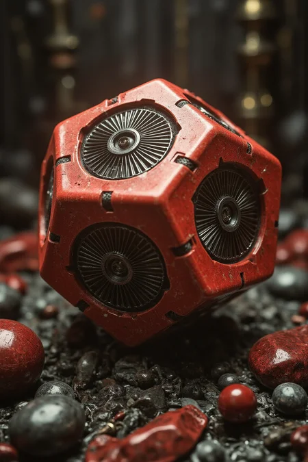 YFG-V1nt, form and mechanical detail, evoking a sense of futuristic technology and precision engineering, A digital illustration of a red, futuristic polyhedral dice with black fan-like engravings on each face, against a dark background, highlighting its smooth texture, sharp edges, and intricate design, with intricate textures and vibrant colors. The scene should include a rich variety of elements, each contributing to the overall atmosphere. Lighting should be soft, diffused, and natural, enhancing the depth and realism of the scene. The mood is to be calm yet vibrant, creating a sense of serenity and wonder. Every detail in the scene should be meticulously rendered, emphasizing the contrast between light and shadow, and capturing the fine textures and subtle gradients. The color palette should be carefully chosen to evoke emotion, with each hue enhancing the aesthetic appeal of the overall composition. The final image should be immersive and captivating, drawing the viewer into its intricately detailed world.