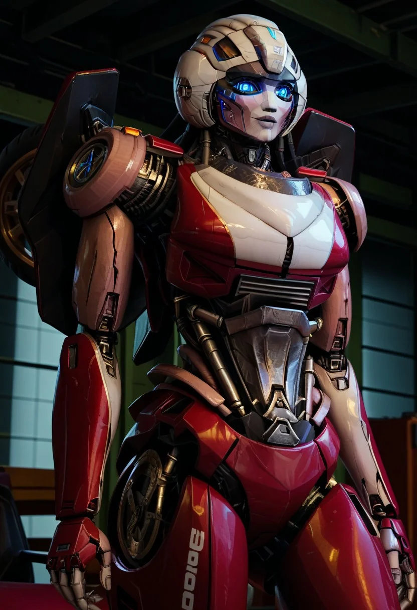 score_9, score_8_up, score_7_up, screencap, detailed eyes, arceerotb, autobot, 1girl, red and white body, mechanical parts, robot, helmet-like head, robotic face, glowing blue eyes, autobot symbol on forehead, fairing-like chest, wheels on back, 'ducati' printed on right leg, narrow waist, unique pose, sunny