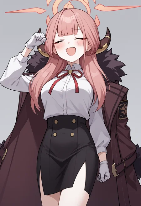 score_9, score_8_up, score_7_up, source_anime, radef, pink hair, blunt bangs, horns, halo, neck ribbon, red ribbon, white shirt, long sleeves, coat on shoulders, fur-trimmed coat, gloves, white gloves, black skirt, high-waist skirt, pencil skirt, breasts, closed eyes, blush, smile, open mouth, arm up, clenched fist<lora:RikuhachimaAruPonyXLv6-20:1>