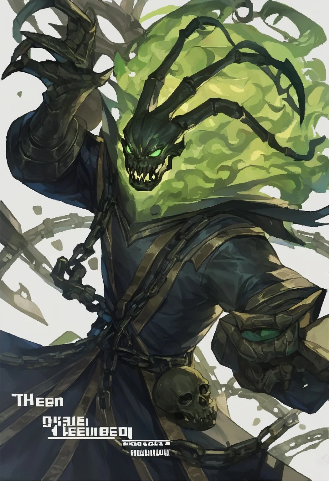 score_9,score_8_up,score_7_up,<lora:Thresh&Mordekaiser_PonyXLv03-000020:1>thresh, thresh_(league_of_legends), pixel_hagl, 1boy, artist_name, black_background, black_robe, green_fire, holding, long_sleeves, male_focus, open_mouth, sharp_teeth, skull, solo, league_of_legends, commission