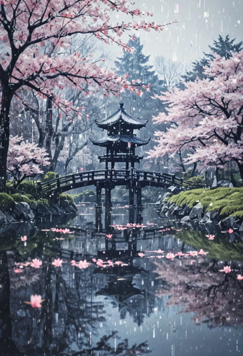 novuschroma79 style, glitch art photo,  score_9, score_8_up, score_7_up,Japanese garden, sakura, pond