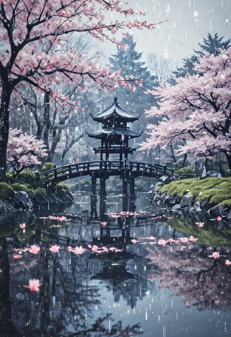novuschroma79 style, glitch art photo, score_9, score_8_up, score_7_up,Japanese garden, sakura, pond