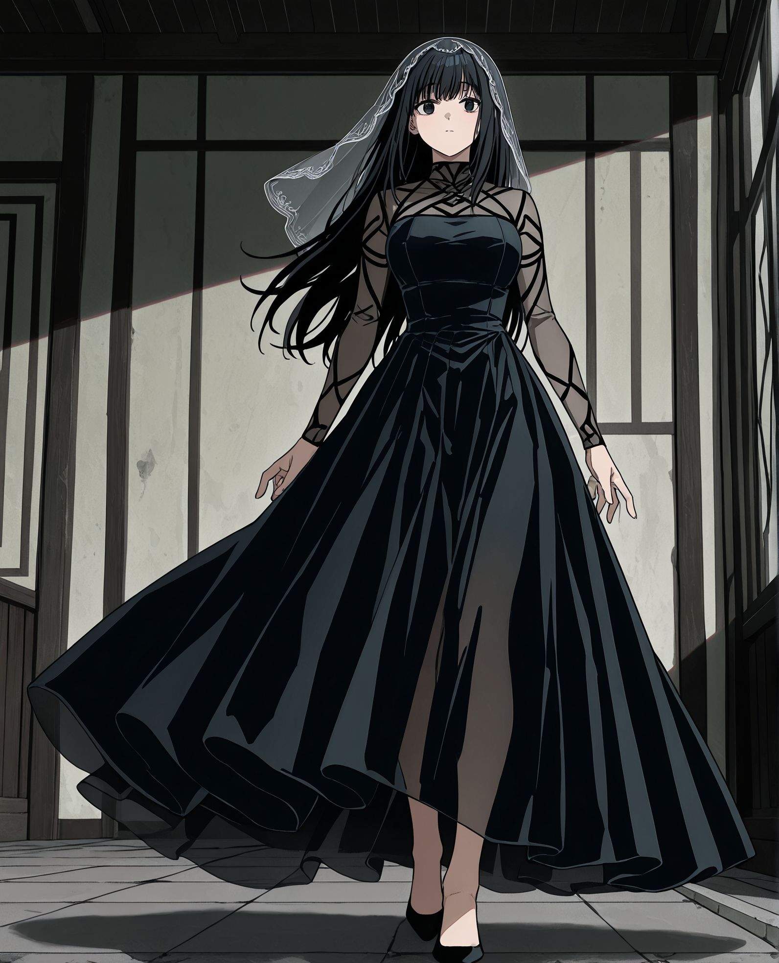 masterpiece,best quality,amazing quality,very aesthetic,absurdres,newest,huge filesize,
<lora:spo_sdxl_10ep_4k-data_lora_webui:0.5>,anime coloring,flat color, 
<lora:add-detail-xl:1>
<lora:Sakamoto_Days:0.8>SAKAMOTO_DAYS_V1,
s_osaragi,
1girl,
see-through clothes, 
black hair, veil, 
dress,
long hair,
full body,