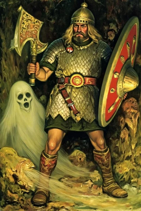 schoonover1 illustration.
A bearded warrior stands in a mystical environment. He wears a suit of scale armor and a helmet adorned with a golden crest. He holds a large, ornate battle axe with a detailed, intricate handle, and a round shield. There is ghost on the left. <lora:schoonover1_cap_d6a3e11:1.0><lora:831472722094691433:0>