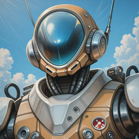 best quality, masterpiece, newest, absurd res, hi res, very awa, non-humanoid robot, machine, (hegemony) <lora:Starsector_NOOB_vPred_v1.0:0.9>, mikimoto haruhiko, tianliang duohe fangdongye, void 0, (seyorrol:0.8),(juanmao1997:0.8), male, anthro, cybernetics, mechabare, sleek, glossy, reflective, blue sky, clouds, solo, looking down at viewer, low-angle view, dutch angle, simple background, retro artstyle, scan, science fiction <lora:ponyv6_noobV1_2_adamW:1> <lora:noobai_ep11_stabilizer_v0.114_fp16:1>