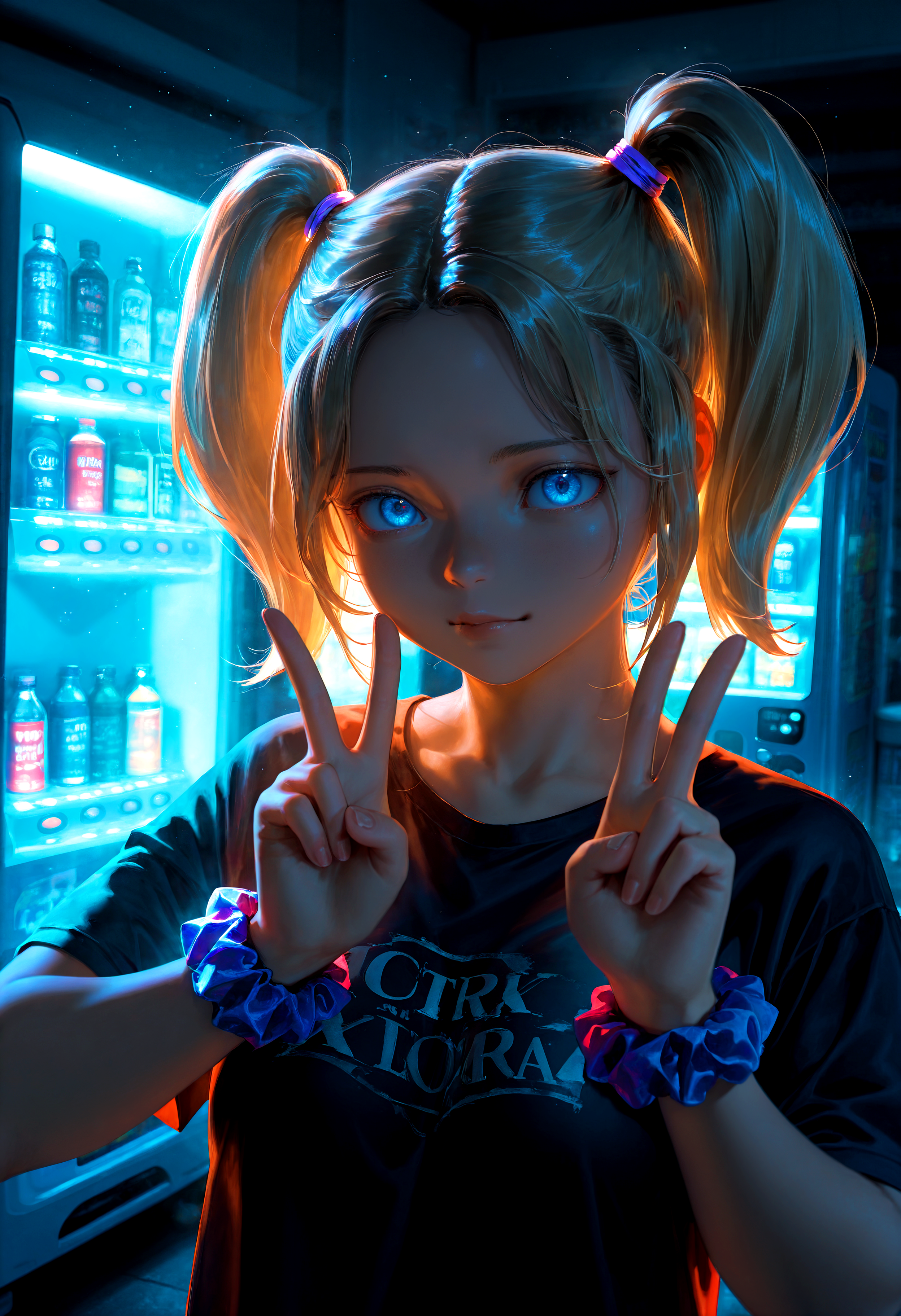 HDR, 8K, high contrast, masterpiece, best quality, amazing quality, very aesthetic, superabsurd res, high resolution, ultra-detailed, absurdres, newest, scenery, (horikoshi kouhei:0.3), (quasarcake:0.3), (wlop:0.3), light rays, chiaroscuro, dynamic angle, close up, solo, upper body, wide angle, straight on, OD_sara, 1girl, plump lips, blue eyes, short hair, parted bangs, blonde hair, twintails, big hair, big twintails, hair tie, t-shirt, fingernails, wrist scrunchie, double v, shop, vending machine, bokeh, fog, backlighting, partially illuminated, Intricately designed, Mysterious Shadows, BREAK, photorealistic, beautiful detailed eyes, detailed skin, detailed hair, volumetric lighting, dappled light, light particles, dramatic shadows, cinematic lighting, photo background, depth of field, <lora:ponyxl\cfg_scale_boost:0.8> <lora:IL\KMS_OD_Sara_IL-000009:1>