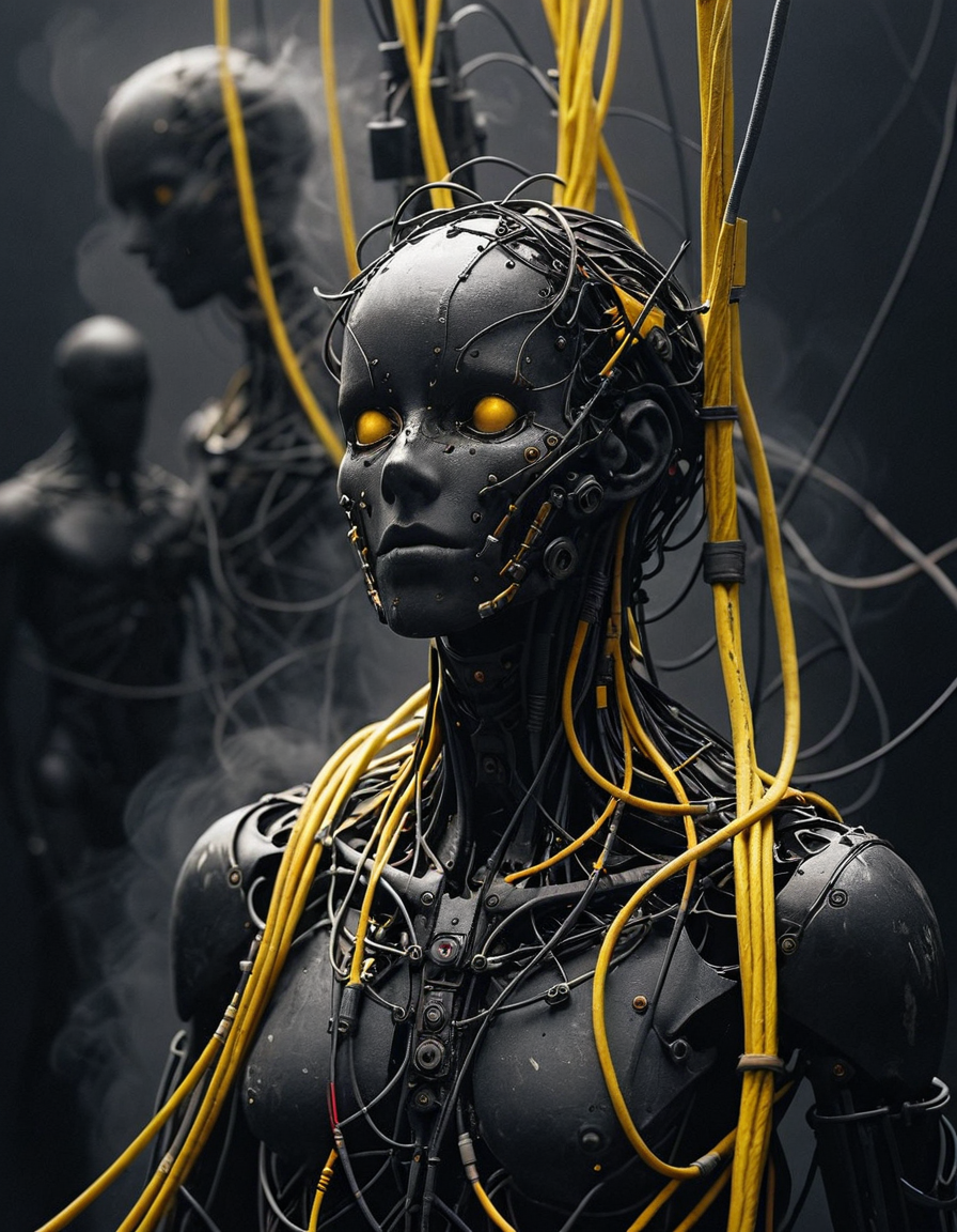 A jumble of irons and cables in a humanoid shape, no face, dark character, oblique inclination, high contrast, hard shadows, predominance of darkness, dim side light, blurred silhouette, fog, smoke, black, gray and yellow tones, black background, hyper-detailed<lora:add-detail-xl:1> <lora:Sinozick:1>