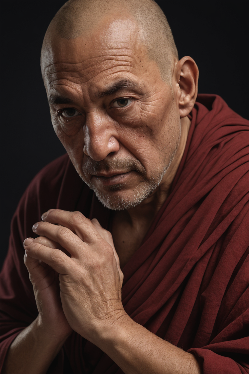 half body photo of monk 52 y.o man,hands down,8k uhd,high quality,dramatic,cinematic