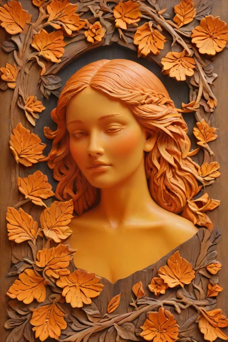 zPDXLxxx,score_9,score_8_up,score_7_up,score_6_up,score_5_up,score_4_up,<lora:Turbo_XL:1>,<lora:wooden_carved_bas-relief:1>,(wood carving, wooden carved bas-relief, wooden texture, glossy, lacquered:1),the color palette is dark in colors of orange and yellow,(upper body, portriet:1.3),frame,butterfly,flowers,leafy,, maximum details