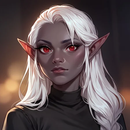 (((detailed, beautiful, high quality))), score_9, score_8_up, score_7_up, upper body,
drow, dark elf, pointed ears,
1 girl, white hair, long hair, red eyes, dark gray skin, black shirt, rolled up sleeves,
looking at the viewer, posing,
blurred background, fantasy background, dark background,