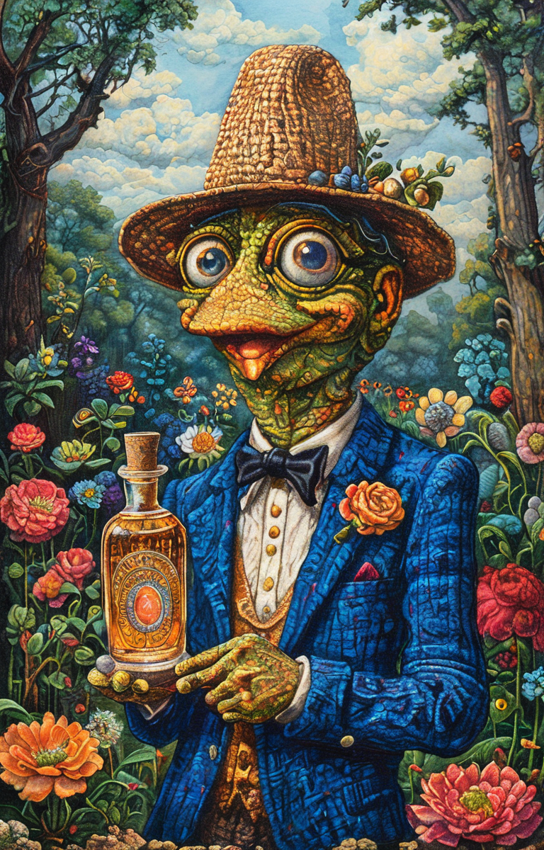 masterpiece,best quality,<lora:tbh179-sdxl:0.9>,illustration,style of David Welker, A bottle of perfume in garden
