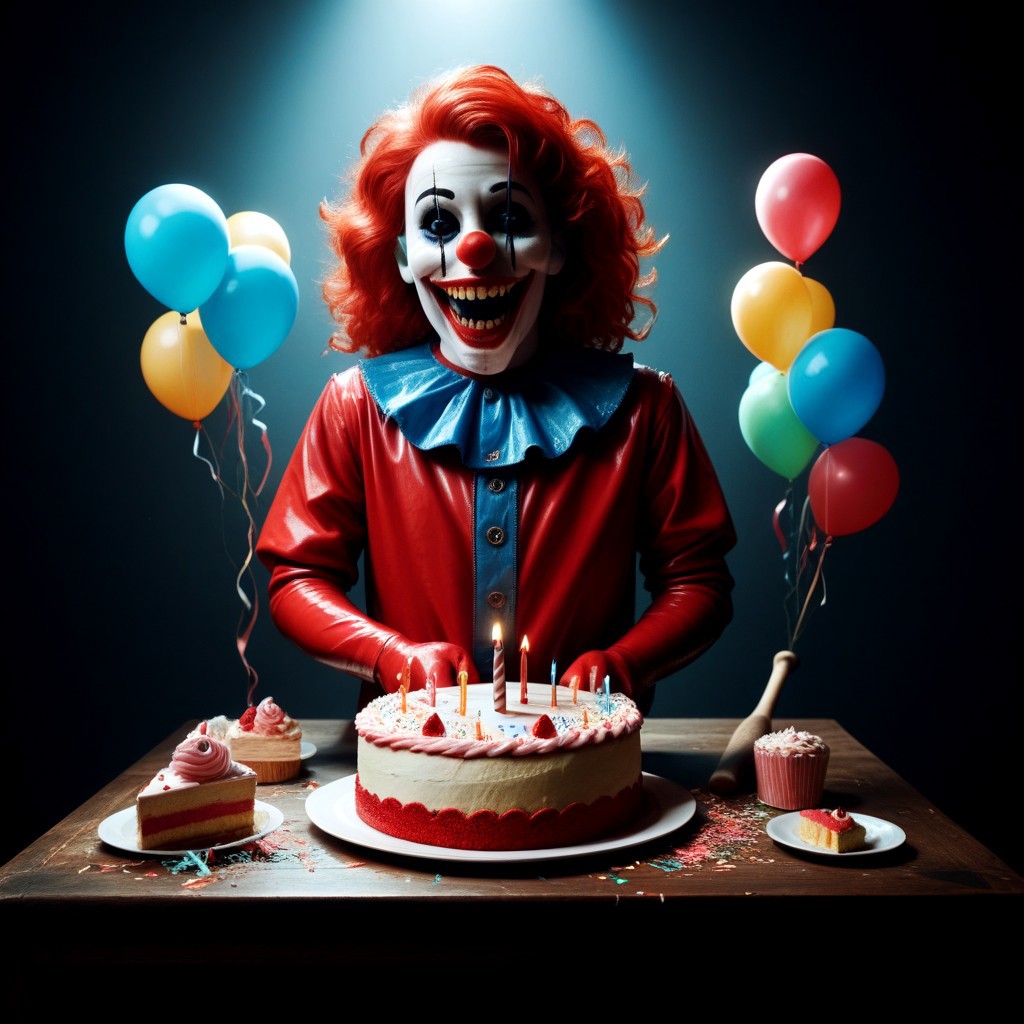 score_9, score_8_up, score_7_up, score_9, score_8_up, score_7_up, terrifying Latex clown, horror setting, birthday party, solo, carrying latex baseball bat. burst red latex balloons everywhere, menacing aura, dark room, smashed birthday cake on table, balloons, poor lighting,