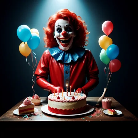 score_9, score_8_up, score_7_up, score_9, score_8_up, score_7_up, terrifying Latex clown, horror setting, birthday party, solo, carrying latex baseball bat. burst red latex balloons everywhere, menacing aura, dark room, smashed birthday cake on table, balloons, poor lighting,