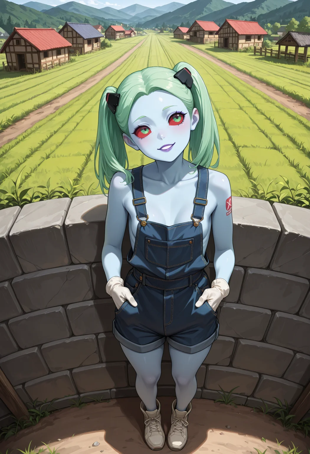 masterpiece, best quality, highres, absurdres, very awa, 1girl, solo, blue skin, twintails, parted bangs, forehead, green hair, purple lips, small breasts, colored sclera, red sclera, overalls, overall shorts, bare shoulders, outdoors, (rural), japan, hands in pockets, head tilt, looking ahead, headgear, tattoo, white gloves, (village), house, from above, full body, stone wall, parted lips, smile