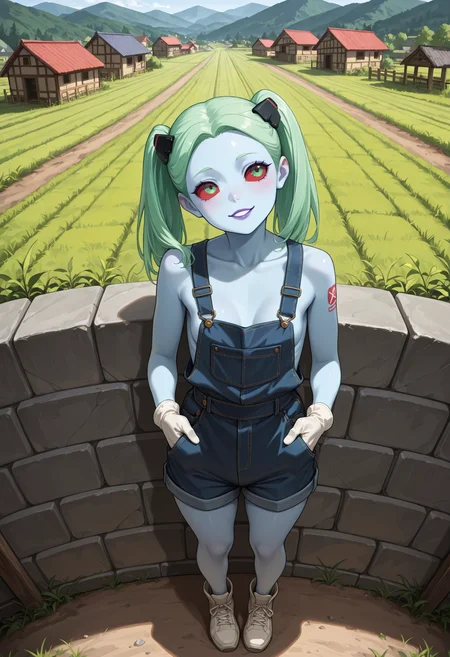 masterpiece, best quality, highres, absurdres, very awa, 1girl, solo, blue skin, twintails, parted bangs, forehead, green hair, purple lips, small breasts, colored sclera, red sclera, overalls, overall shorts, bare shoulders, outdoors, (rural), japan, hands in pockets, head tilt, looking ahead, headgear, tattoo, white gloves, (village), house, from above, full body, stone wall, parted lips, smile