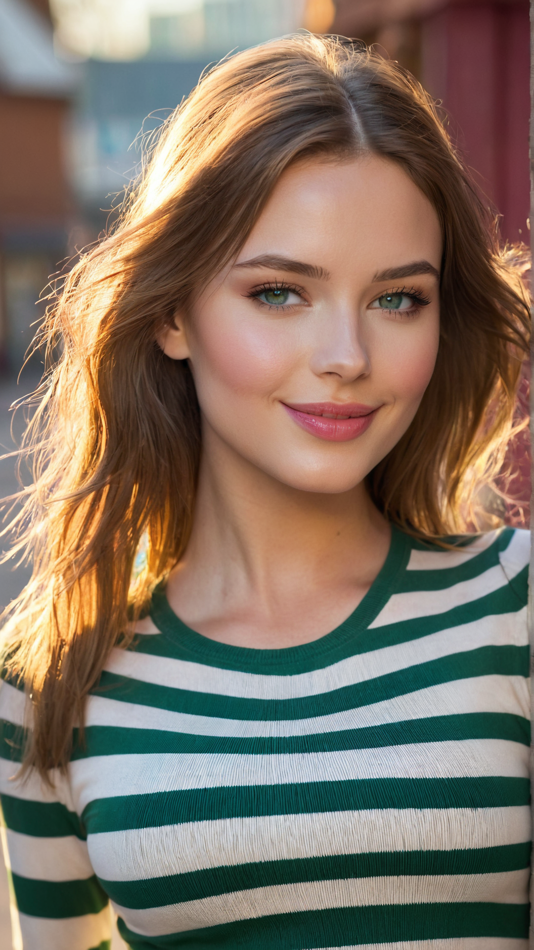 high quality, highres, masterpiece, perfect lighting, bloom, cinematic lighting, adult, perfect skin, female, cowboy shot, smile, narrow waist, skinny, detailed nose, detailed eyes, blue eyes, detailed hands, sensual, pink lips, ((glossy lips)), pursed lips, glossy skin, oily skin, beautiful light, bright, looking at viewer, standing, detailed fingers, cute girl, outdoors, cute, woman, subsurface scattering, ray traced, depth of field, bokeh, god rays, vivid colours, cinematic hard lighting, realistic shadows, detailed textures, long hair, huge breasts, PureErosFace_V1
<lyco:GoodHands-beta2:1.0>, nice hands, perfect hands,  <lora:more_details:0.25>, closed mouth, high-waist jeans,
<lora:zaraXL-v2:1>, long sleeves, midriff, striped, shirt, striped shirt, crop top, green, white, green-white,