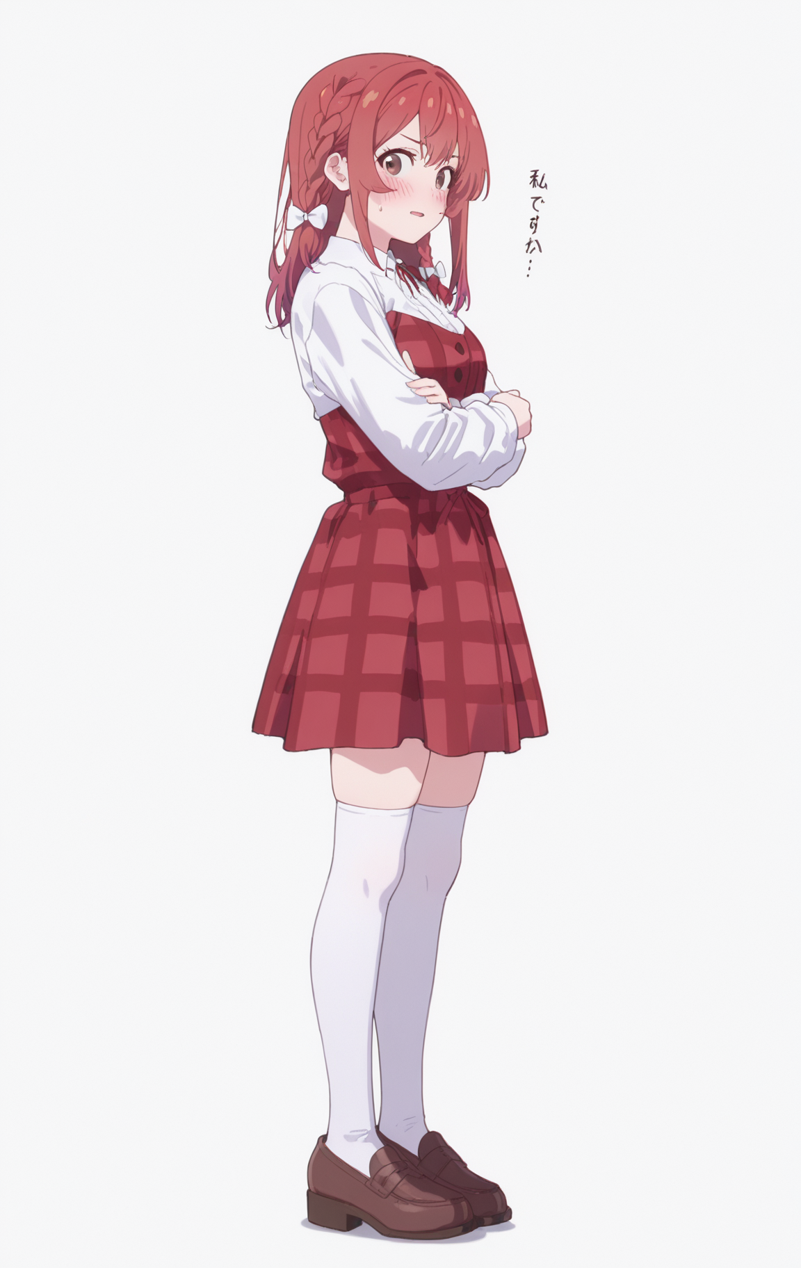 masterpiece,best quality,newest,absurdres,highres,
front view,full_shot,Raised brow with a questioning look,looking_at_viewer,
<lora:SakurasawaSumiCYQL:1>,SakurasawaSumiCYQL,1girl,solo,red hair,braid,single braid,hair bow,brown eyes,blush,shirt,white shirt,dress,red dress,plaid dress,long sleeves,white thighhighs,loafers,brown footwear,
full body,standing,crossed_arms,,
lightcyan background,simple background,
<lora:spo_sdxl_10ep_4k-data_lora_webui>,<lora:NOOB_EPSv1_1_detailer_by_vlnvk_v1_0>,<lora:shiej007>,,