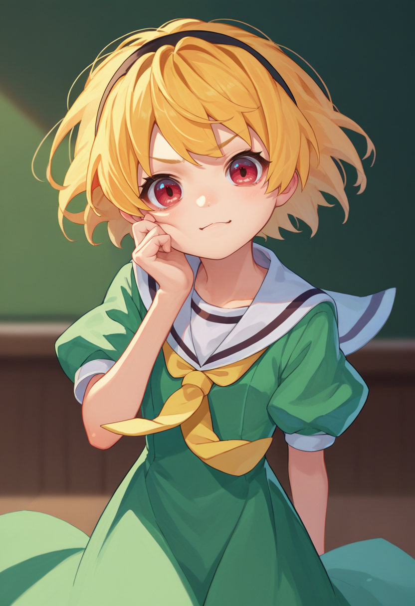 score_9, score_8_up, score_7_up, source_anime, 1girl, SatokoSchool, blonde hair, red eyes, hairband, sailor collar,  green dress, black pantyhose, yellow necktie, pov, cheek tuft, <lora:Satoko-000011:1>