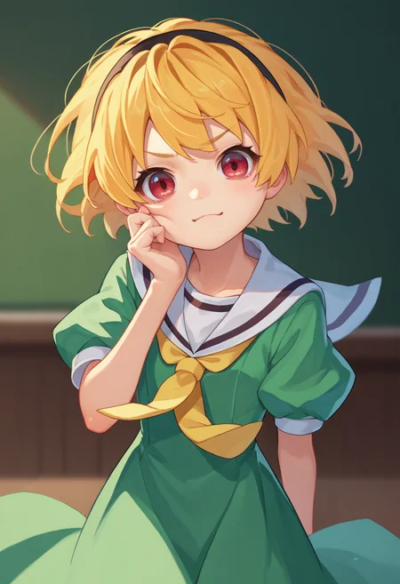 score_9, score_8_up, score_7_up, source_anime, 1girl, SatokoSchool, blonde hair, red eyes, hairband, sailor collar,  green dress, black pantyhose, yellow necktie, pov, cheek tuft, <lora:Satoko-000011:1>