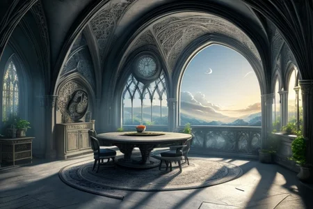 RAW photo, masterpiece, subsurface scattering, heavy shadow, high quality, intricate, high detail, professional photography, HDR, High Dynamic Range, realistic, ultra realistic, photorealistic, high resolution, film photography, ambient lighting, atmospheric effects, <lora:detail_slider_v4>, OverallDetail, <lora:ElvenInterior>, arch, clock, cloud, elfint, indoors, light rays, no humans, pillar, plant, scenery, sky, table, window